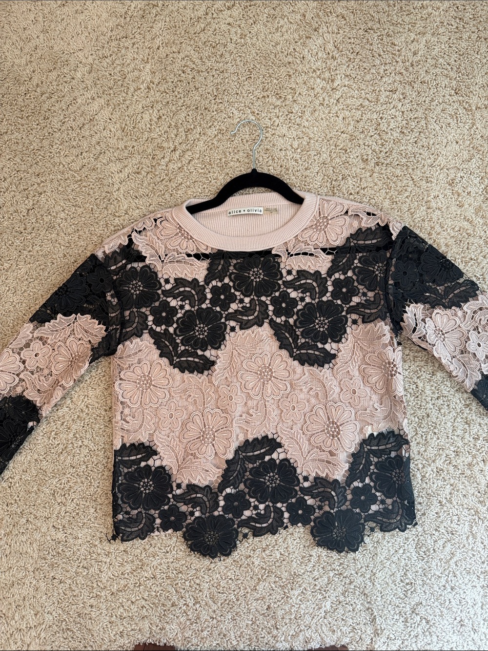 Alice + Olivia Pink sweater with Black Floral Lace Overlay